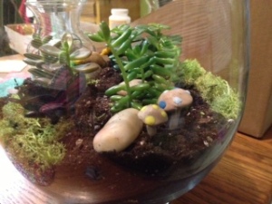 I decorated this terrarium with clay mushrooms and a plastic butterfly.